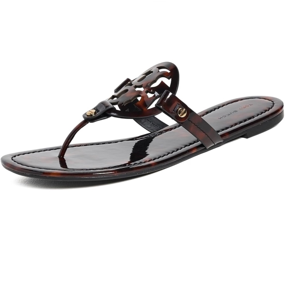 Tory Burch Tortoiseshell Patent Thong Sandal with Gold Accents